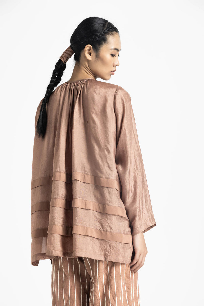 MULTI PLEAT TOP - CHAMPAGNE silk by THREE in pink color for women in Singapore