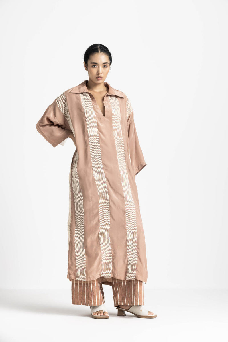 V NECK TUNIC CO ORD - CHAMPAGNE by THREE in pink color for women in Singapore