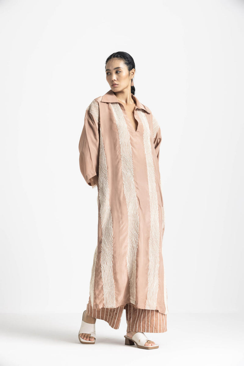 V NECK TUNIC CO ORD - CHAMPAGNE by THREE in pink color for women in Singapore