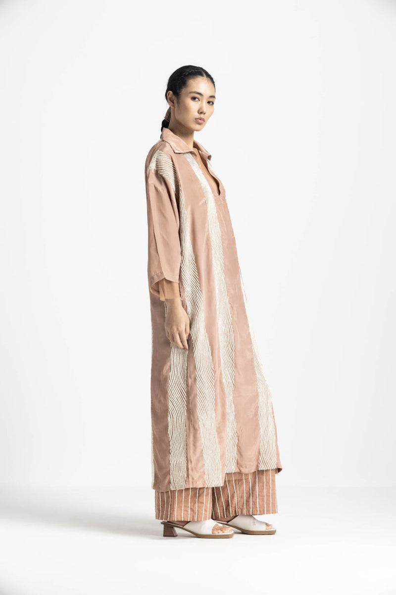 V NECK COLLARED KAFTAN - CHAMPAGNE by THREE in pink color for women in Singapore