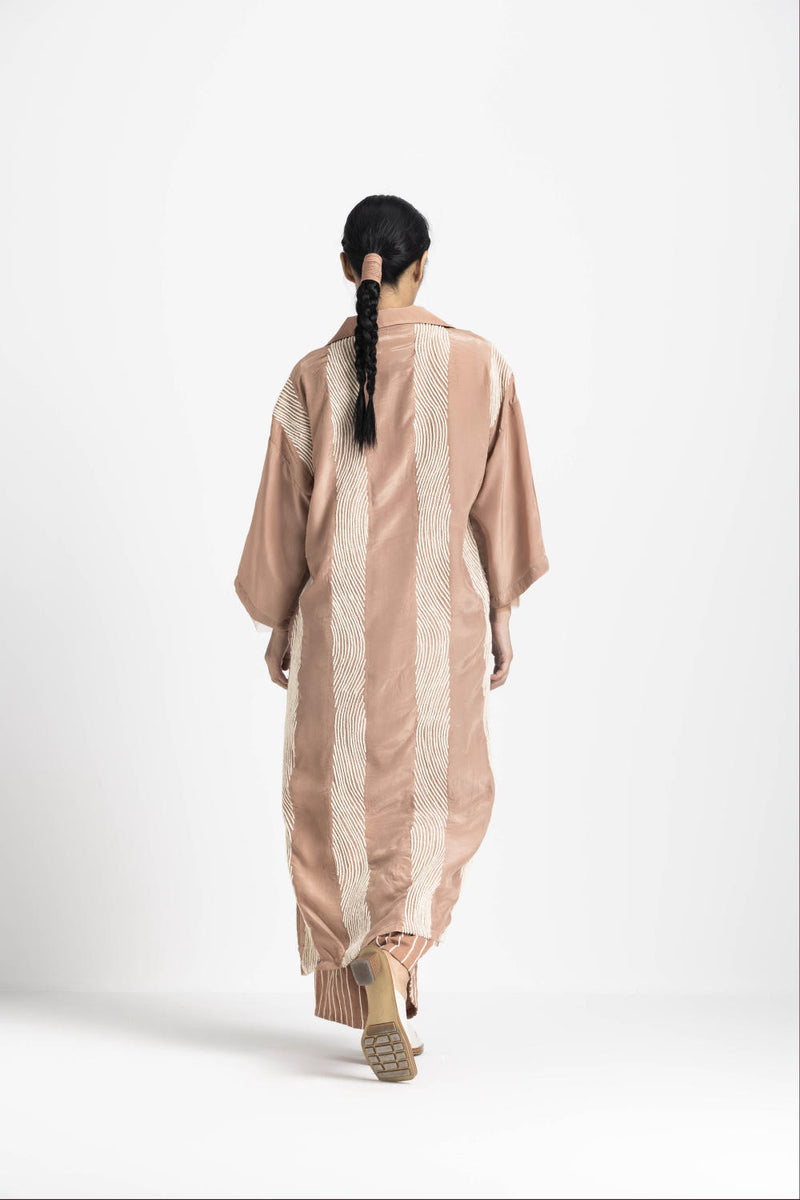 V NECK COLLARED KAFTAN - CHAMPAGNE by THREE in pink color for women in Singapore