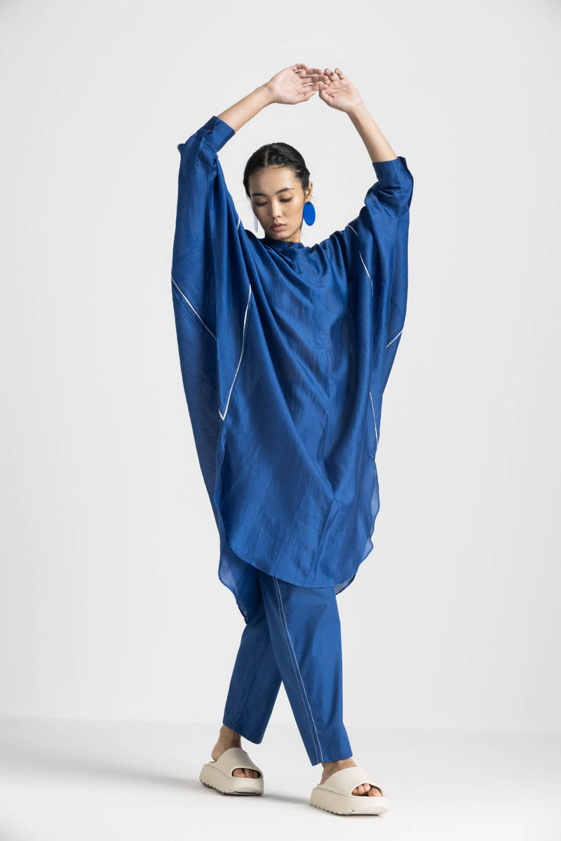 BAT SLEEVE SHIRT CO ORD - ELECTRIC BLUE chanderi by THREE in blue color for women in Singapore