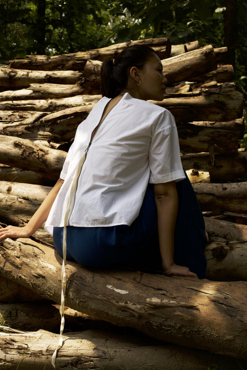 ASYMMETRIC PLEAT TOP CO ORD - ELECTRIC BLUE poplin by THREE in blue color for women in Singapore