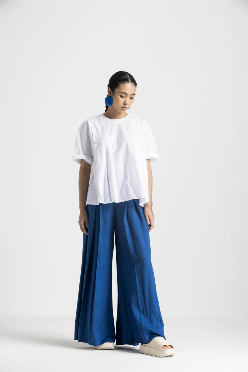ASYMMETRIC PLEAT TOP CO ORD - ELECTRIC BLUE poplin by THREE in blue color for women in Singapore
