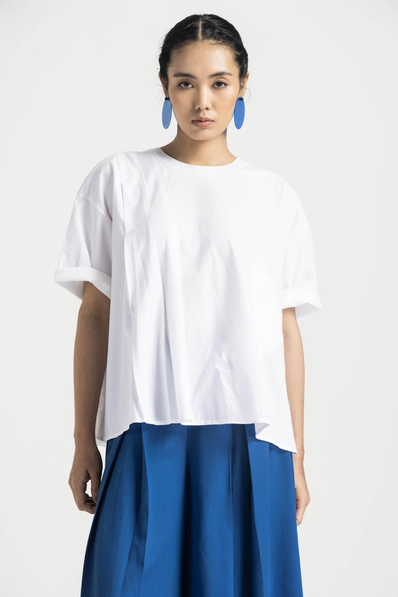 ASYMMETRIC PLEAT TOP CO ORD - ELECTRIC BLUE poplin by THREE in blue color for women in Singapore