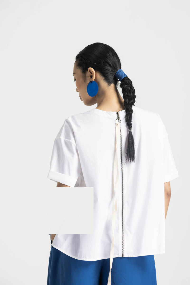 ASYMMETRIC PLEAT TOP CO ORD - ELECTRIC BLUE poplin by THREE in blue color for women in Singapore