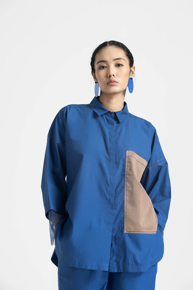 CONTRAST DETAIL SHIRT CO ORD - ELECTRIC BLUE poplin by THREE in blue color for women in Singapore