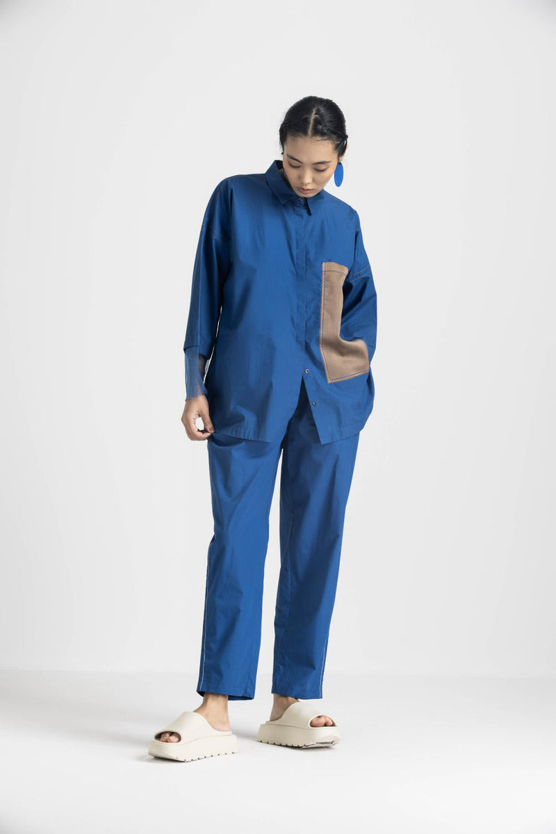 CONTRAST DETAIL SHIRT CO ORD - ELECTRIC BLUE poplin by THREE in blue color for women in Singapore