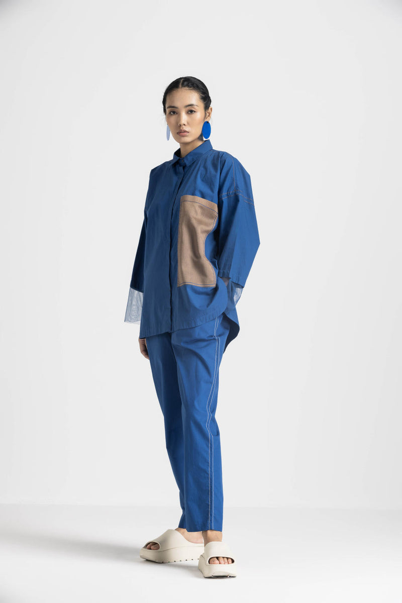 CONTRAST DETAIL SHIRT - ELECTRIC BLUE poplin by THREE in blue color for women in Singapore