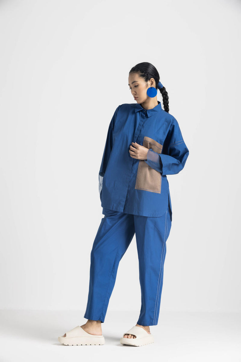 CONTRAST DETAIL SHIRT - ELECTRIC BLUE poplin by THREE in blue color for women in Singapore