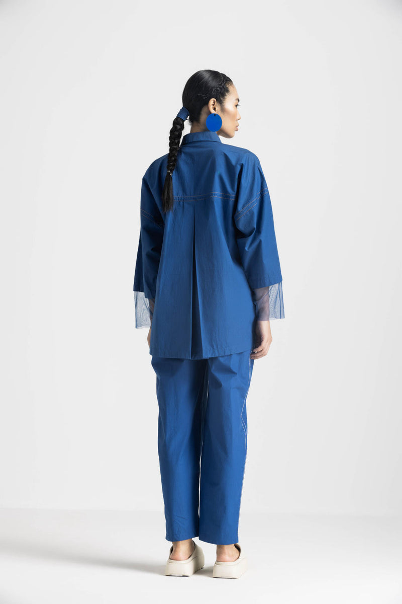 CONTRAST DETAIL SHIRT CO ORD - ELECTRIC BLUE poplin by THREE in blue color for women in Singapore