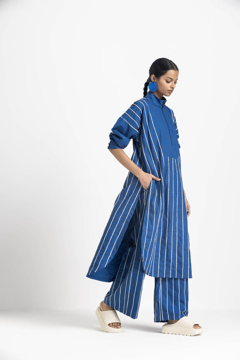 U-YOKE EMBROIDERED TUNIC CO ORD - ELECTRIC BLUE poplin by THREE in blue color for women in Singapore