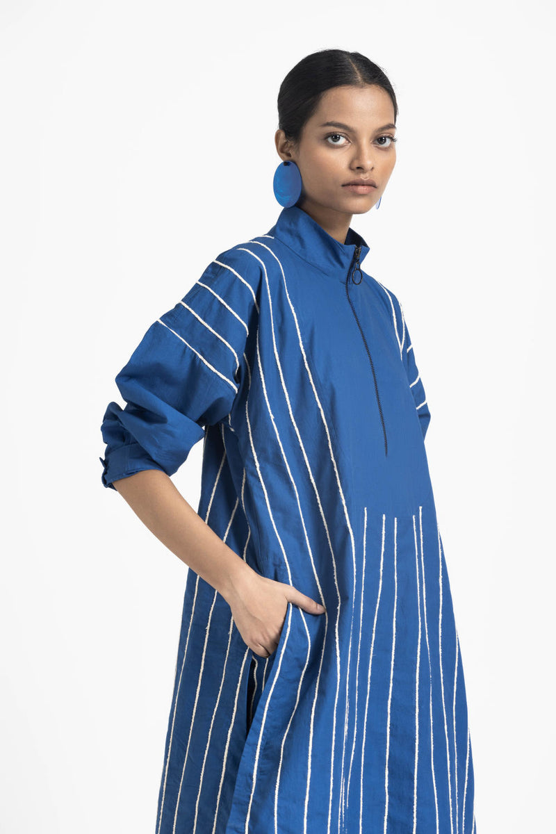 U-YOKE EMBROIDERED TUNIC CO ORD - ELECTRIC BLUE poplin by THREE in blue color for women in Singapore