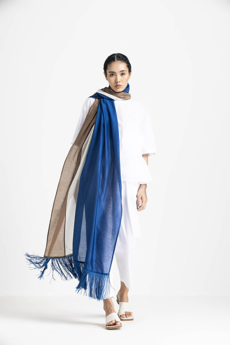 FRINGE SCARF - Electric blue + Ivory Cedar chanderi by THREE for women in Singapore