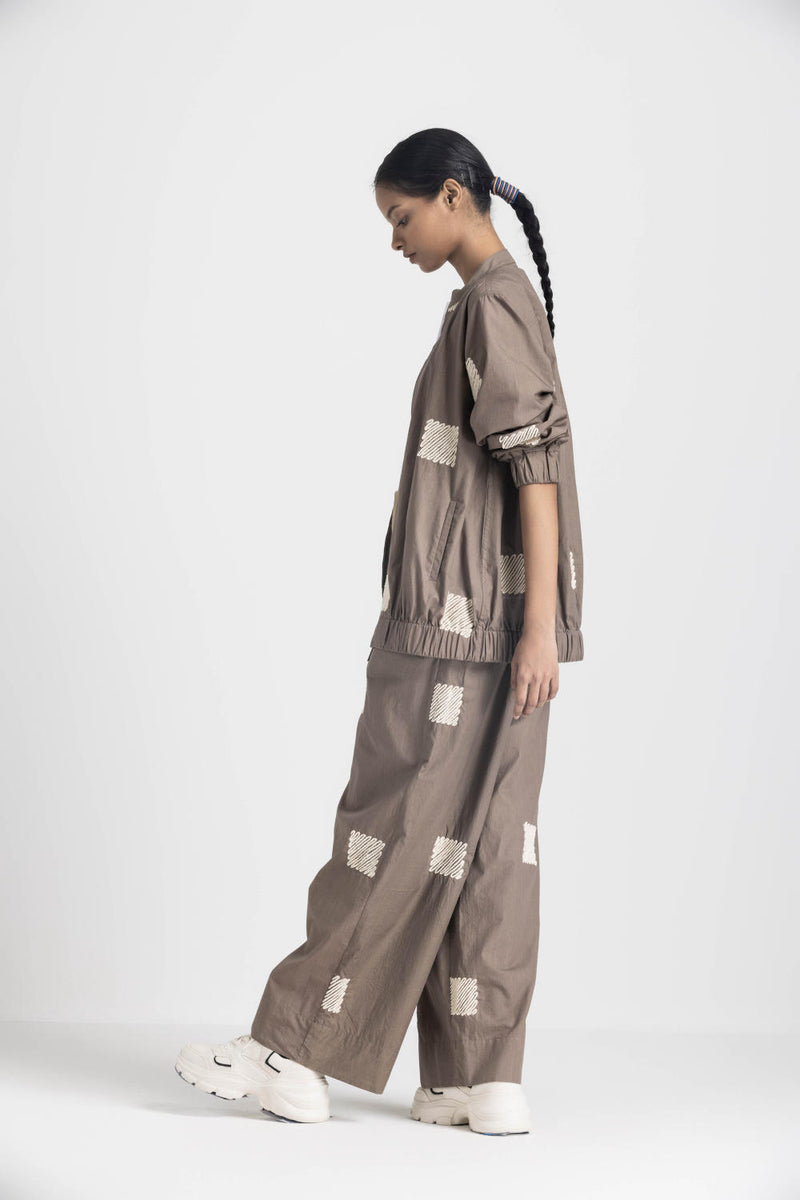 EMB. BOMBER JACKET CO ORD - CEDAR poplin by THREE in brown color for women in Singapore