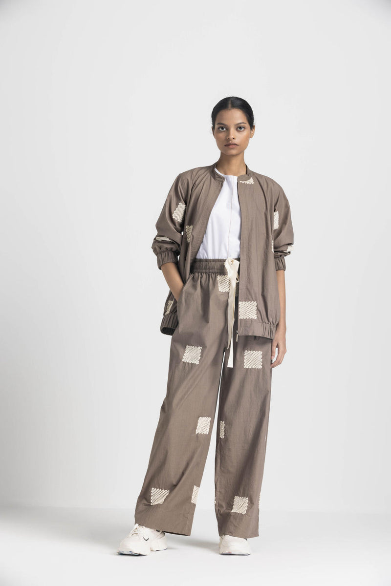 EMB. BOMBER JACKET CO ORD (SET OF 3) - CEDAR poplin by THREE in brown color for women in Singapore