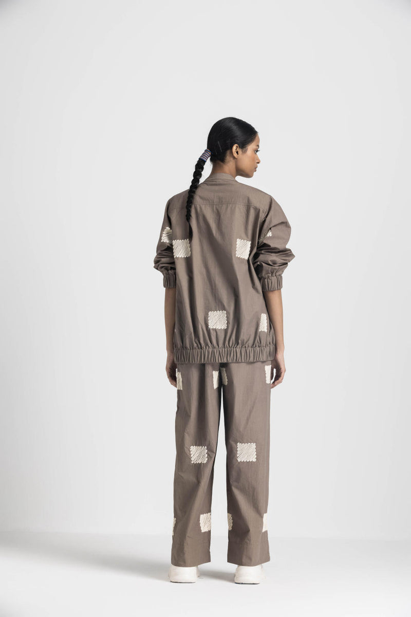EMB. BOMBER JACKET CO ORD (SET OF 3) - CEDAR poplin by THREE in brown color for women in Singapore