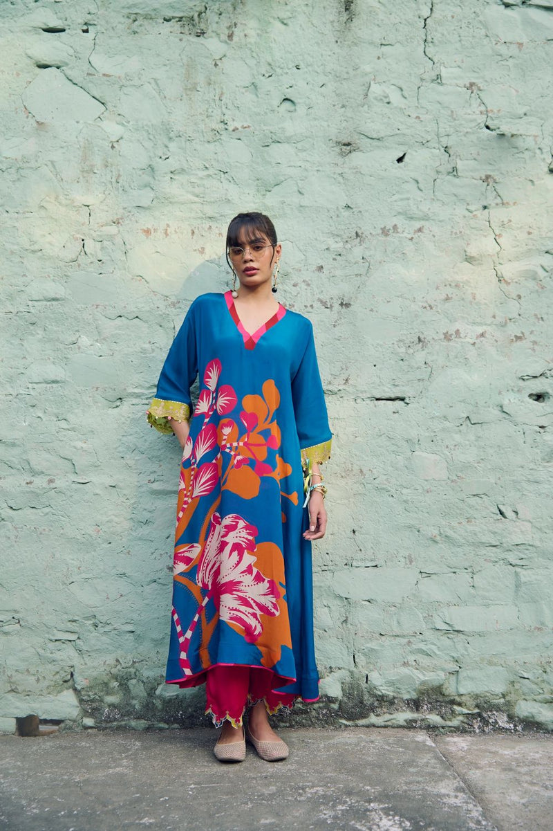 Safar Teal Blue Flower Printed Kaftan Kurta Set by Rajiramniq for women in Singapore