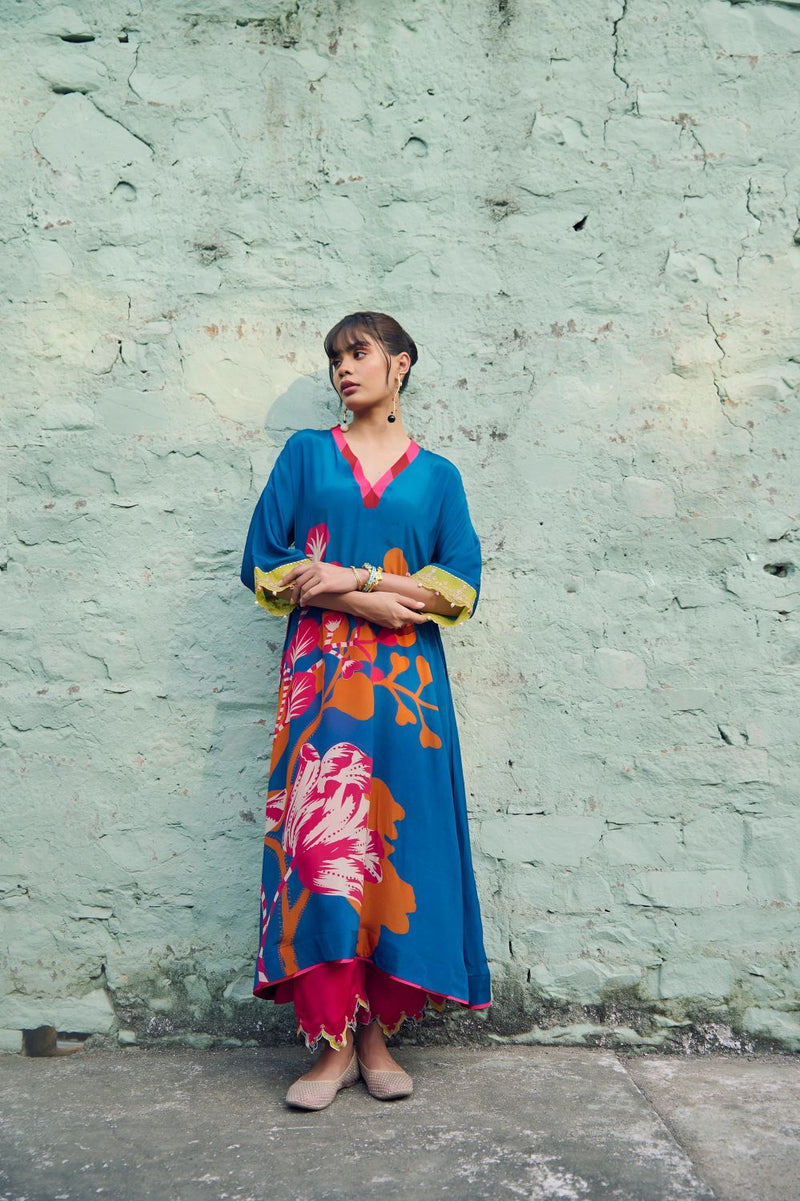 Safar Teal Blue Flower Printed Kaftan Kurta Set by Rajiramniq for women in Singapore