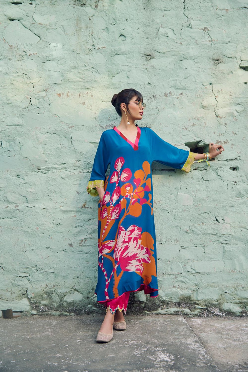 Safar Teal Blue Flower Printed Kaftan Kurta Set by Rajiramniq for women in Singapore