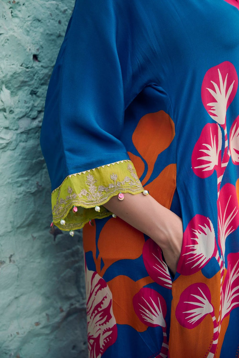Safar Teal Blue Flower Printed Kaftan Kurta Set by Rajiramniq for women in Singapore