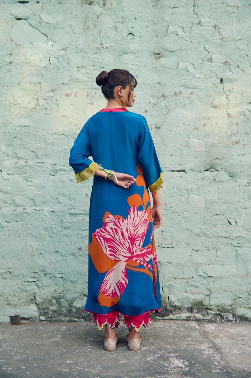 Safar Teal Blue Flower Printed Kaftan Kurta Set by Rajiramniq for women in Singapore