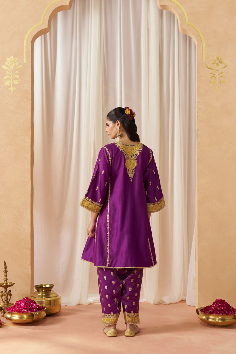 Maahgul Deep Purple Kalidaar Chauga with Salwar with Dupatta silk chanderi kurta/kurta set by SHEETAL BATRA in purple for women in Singapore