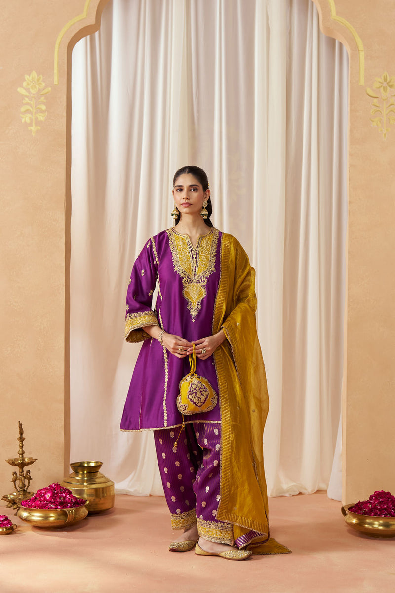 Maahgul Deep Purple Kalidaar Chauga with Salwar with Dupatta silk chanderi kurta/kurta set by SHEETAL BATRA in purple for women in Singapore