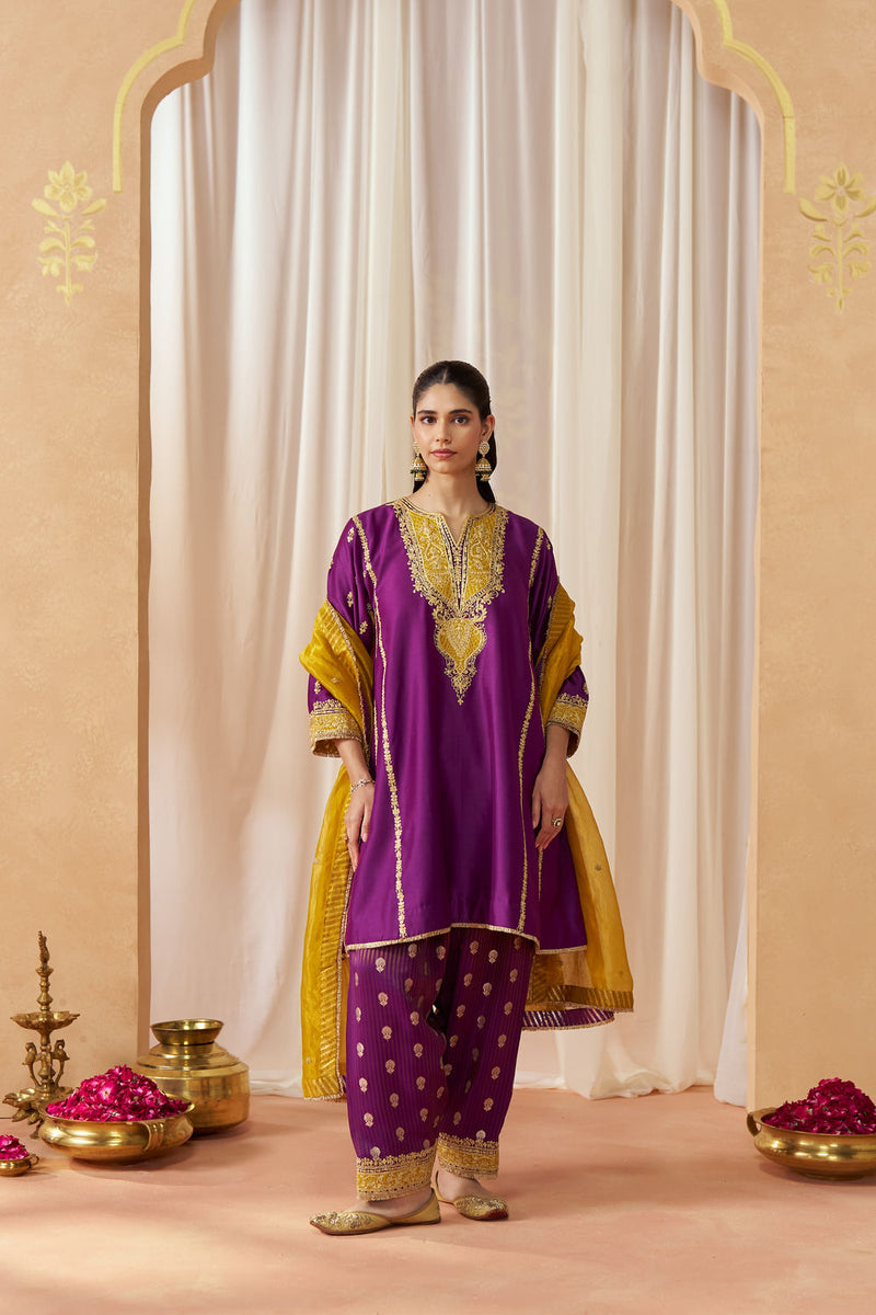 Maahgul Deep Purple Kalidaar Chauga with Salwar with Dupatta silk chanderi kurta/kurta set by SHEETAL BATRA in purple for women in Singapore