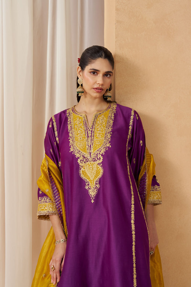 Maahgul Deep Purple Kalidaar Chauga with Salwar with Dupatta silk chanderi kurta/kurta set by SHEETAL BATRA in purple for women in Singapore