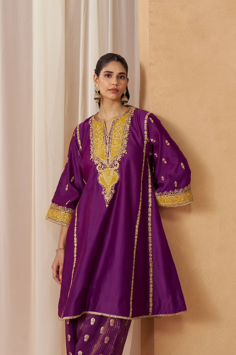 Maahgul Deep Purple Kalidaar Chauga with Salwar with Dupatta silk chanderi kurta/kurta set by SHEETAL BATRA in purple for women in Singapore
