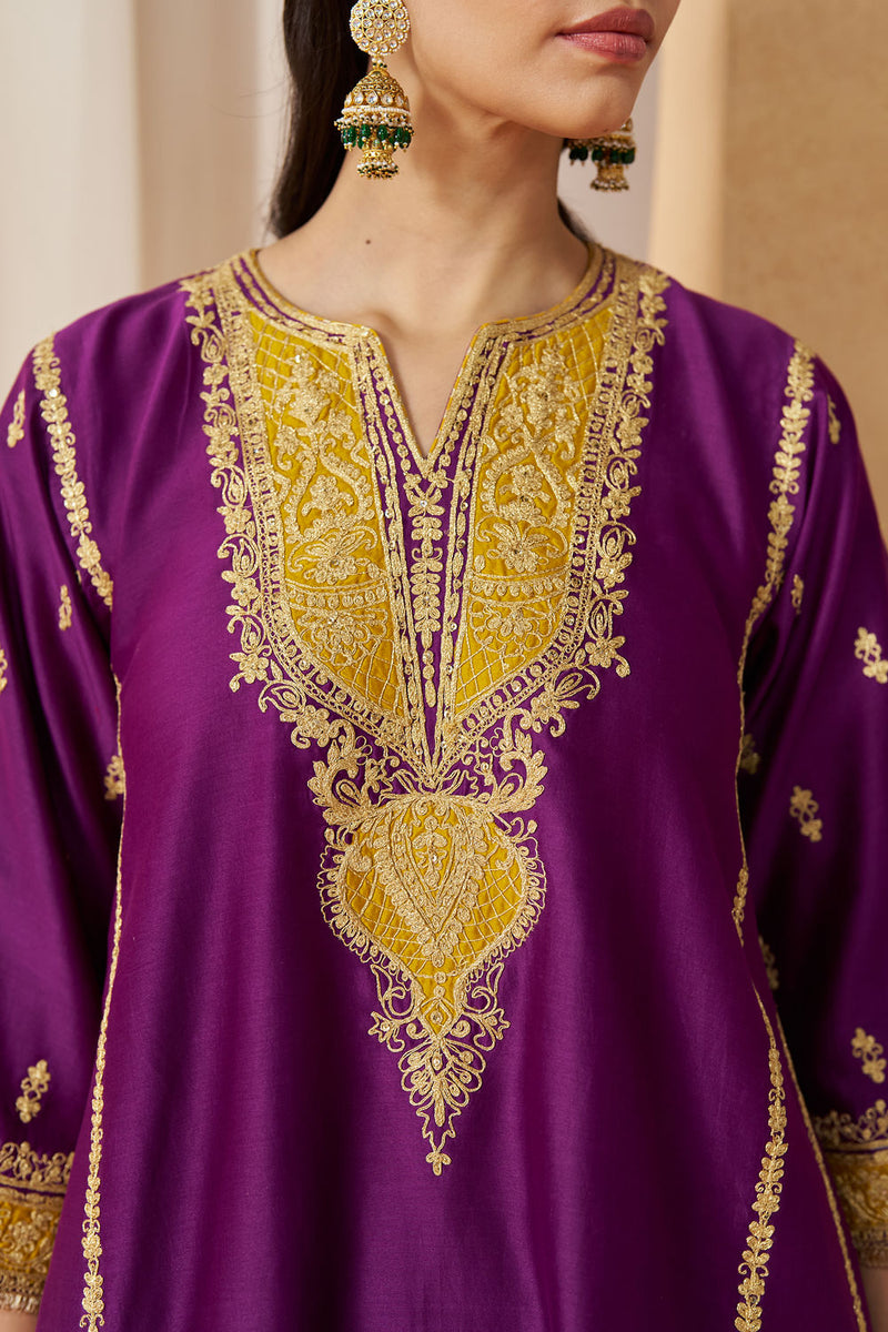 Maahgul Deep Purple Kalidaar Chauga with Salwar with Dupatta silk chanderi kurta/kurta set by SHEETAL BATRA in purple for women in Singapore