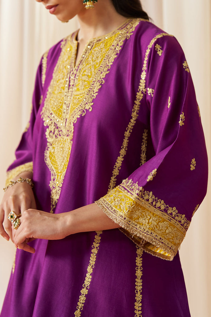 Maahgul Deep Purple Kalidaar Chauga with Salwar with Dupatta silk chanderi kurta/kurta set by SHEETAL BATRA in purple for women in Singapore
