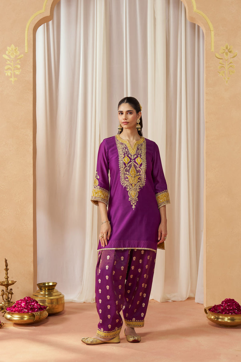 Adeela Deep Purple Kurta with Salwar and Dupatta silk chanderi kurta/kurta set by SHEETAL BATRA in purple for women in Singapore