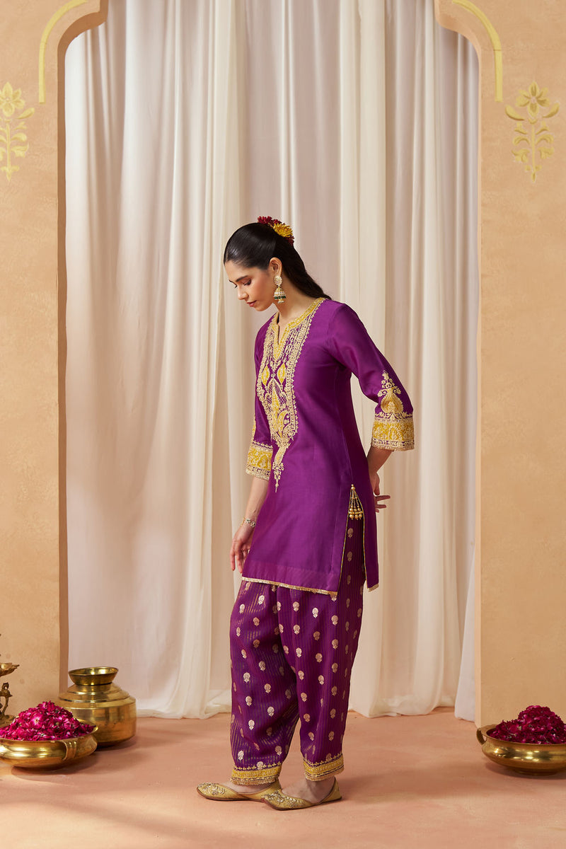 Adeela Deep Purple Kurta with Salwar and Dupatta silk chanderi kurta/kurta set by SHEETAL BATRA in purple for women in Singapore