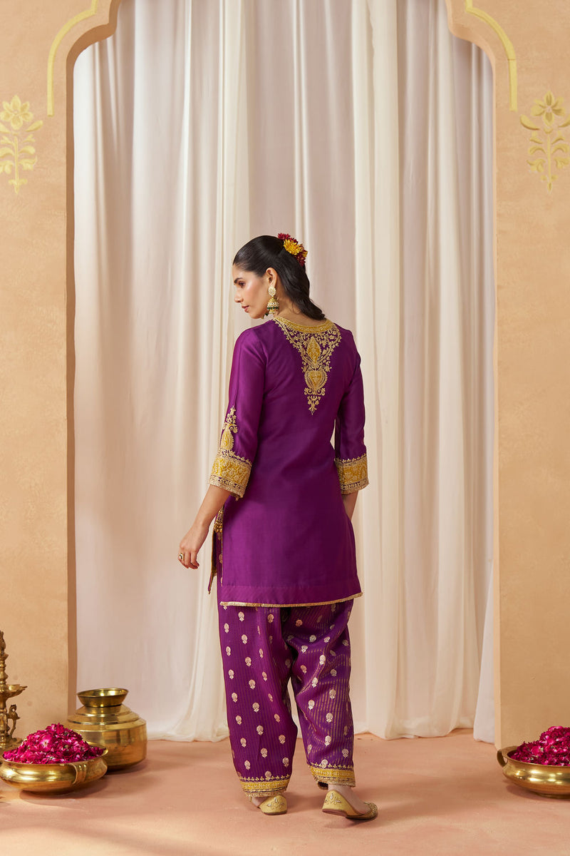 Adeela Deep Purple Kurta with Salwar and Dupatta silk chanderi kurta/kurta set by SHEETAL BATRA in purple for women in Singapore