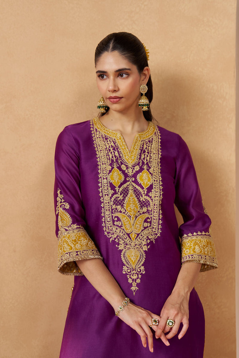 Adeela Deep Purple Kurta with Salwar and Dupatta silk chanderi kurta/kurta set by SHEETAL BATRA in purple for women in Singapore