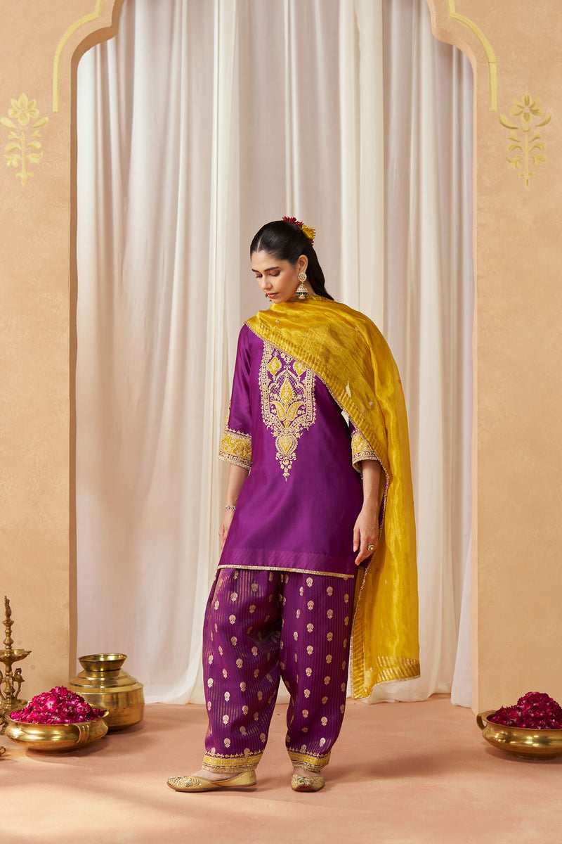 Adeela Deep Purple Kurta with Salwar and Dupatta silk chanderi kurta/kurta set by SHEETAL BATRA in purple for women in Singapore