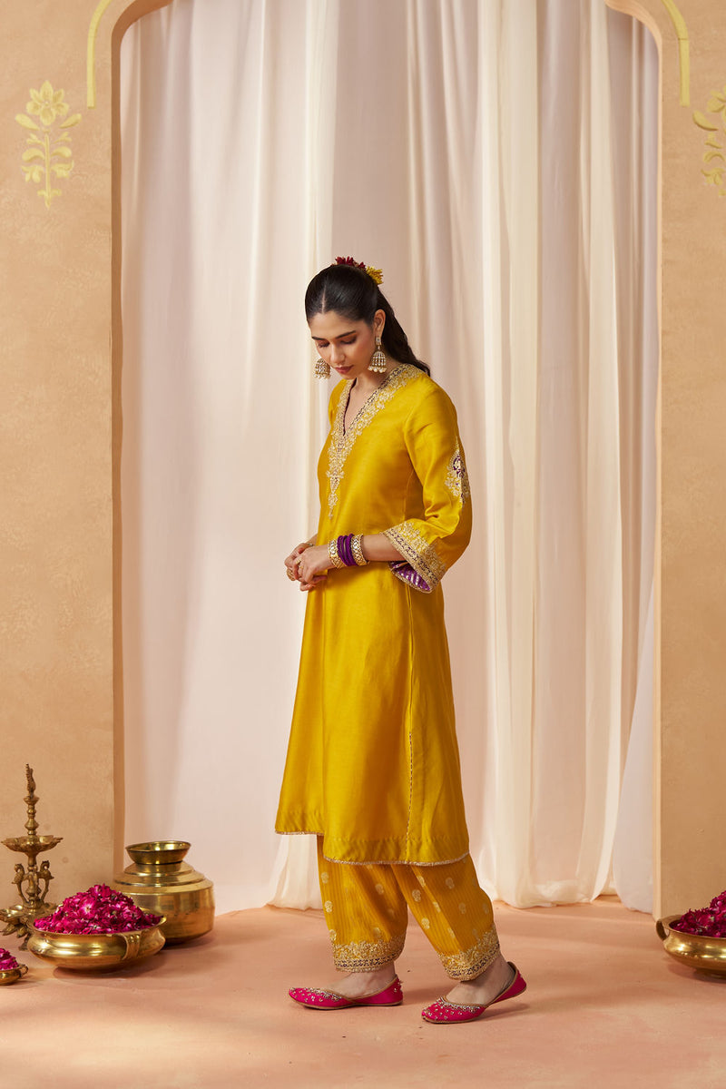 Liana Mustard Chauga with Salwar with Dupatta silk chanderi kurta/kurta set by SHEETAL BATRA in mustard for women in Singapore