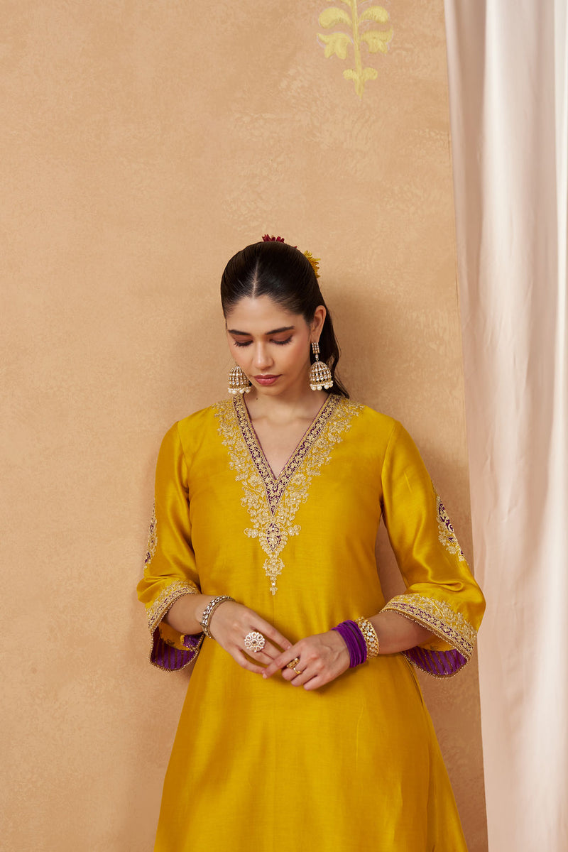 Liana Mustard Chauga with Salwar with Dupatta silk chanderi kurta/kurta set by SHEETAL BATRA in mustard for women in Singapore