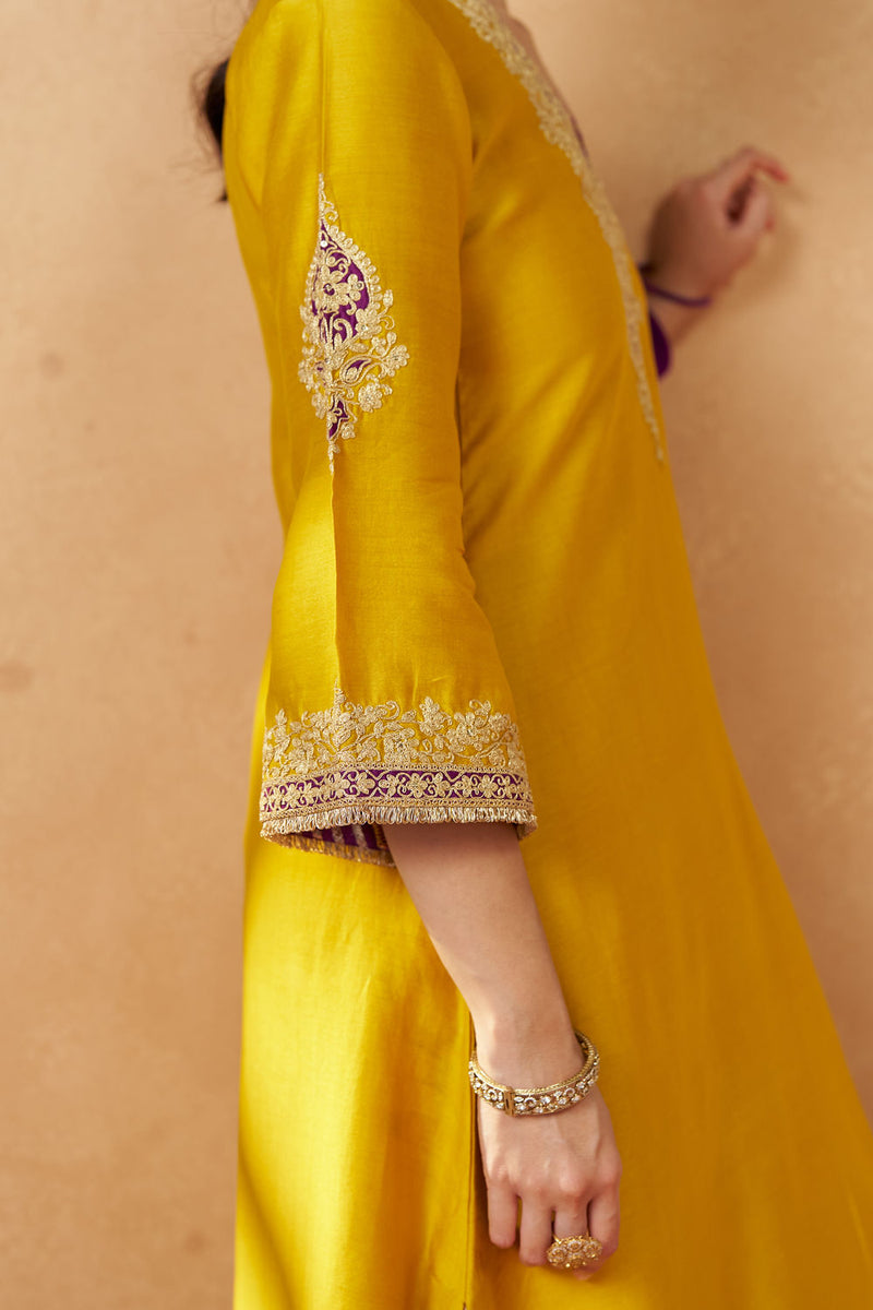 Liana Mustard Chauga with Salwar with Dupatta silk chanderi kurta/kurta set by SHEETAL BATRA in mustard for women in Singapore