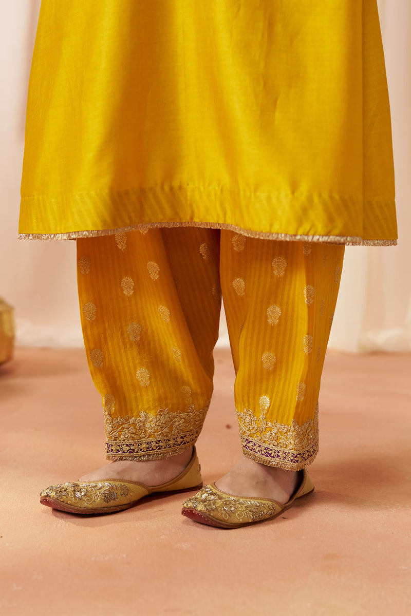 Liana Mustard Chauga with Salwar with Dupatta silk chanderi kurta/kurta set by SHEETAL BATRA in mustard for women in Singapore