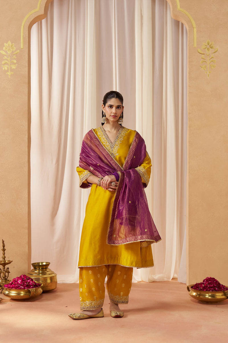 Liana Mustard Chauga with Salwar with Dupatta silk chanderi kurta/kurta set by SHEETAL BATRA in mustard for women in Singapore