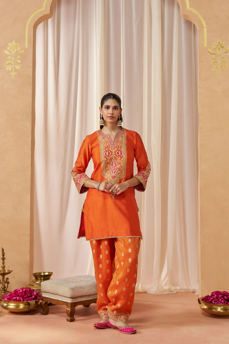 Adeela Burnt Orange Kurta with Salwar and Dupatta silk chanderi kurta/kurta set by SHEETAL BATRA in orange for women in Singapore