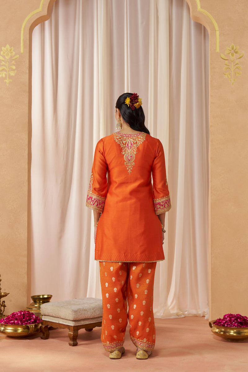 Adeela Burnt Orange Kurta with Salwar and Dupatta silk chanderi kurta/kurta set by SHEETAL BATRA in orange for women in Singapore