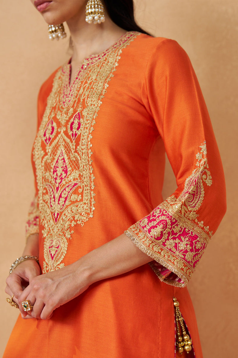 Adeela Burnt Orange Kurta with Salwar and Dupatta silk chanderi kurta/kurta set by SHEETAL BATRA in orange for women in Singapore