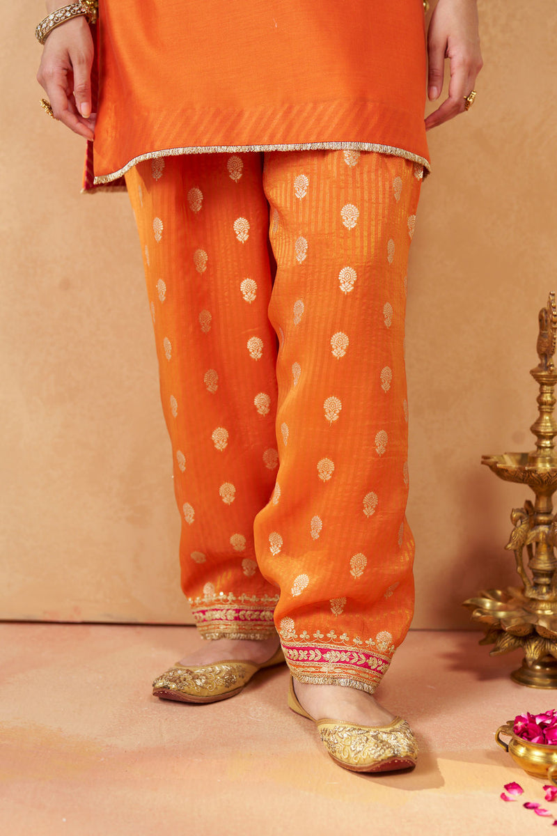 Adeela Burnt Orange Kurta with Salwar and Dupatta silk chanderi kurta/kurta set by SHEETAL BATRA in orange for women in Singapore