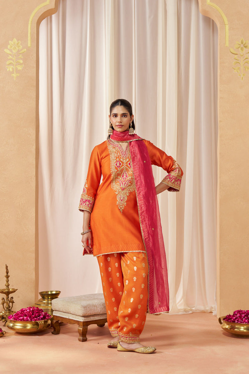 Adeela Burnt Orange Kurta with Salwar and Dupatta silk chanderi kurta/kurta set by SHEETAL BATRA in orange for women in Singapore