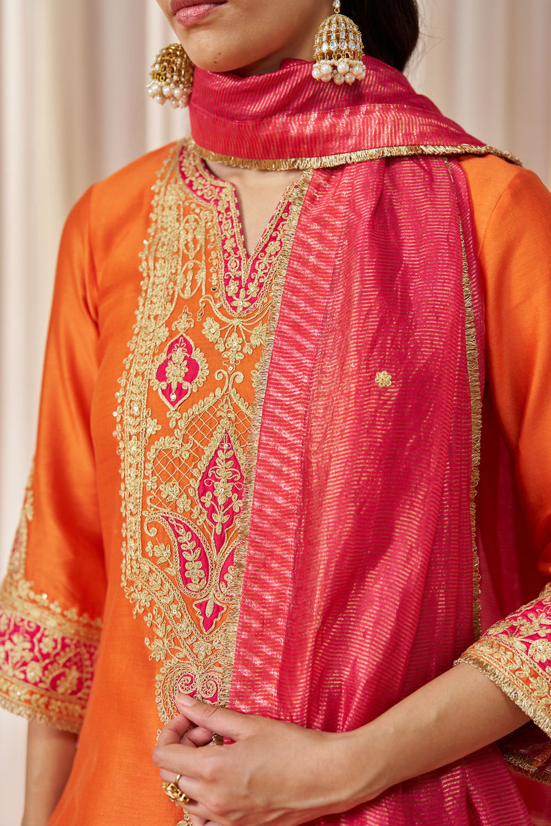 Adeela Burnt Orange Kurta with Salwar and Dupatta silk chanderi kurta/kurta set by SHEETAL BATRA in orange for women in Singapore