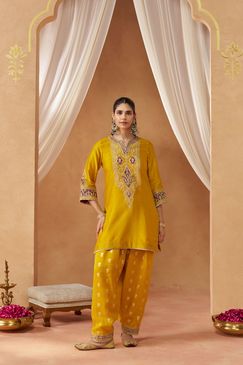 Adeela Mustard Kurta with Salwar and Dupatta silk chanderi kurta/kurta set by SHEETAL BATRA in mustard for women in Singapore